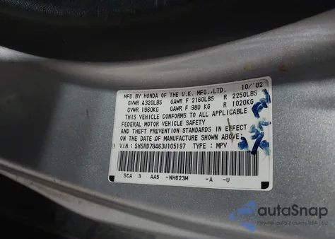 2003 Honda Cr-V Lx z USA, uszkodzony, nr VIN SHSRD78463U105197